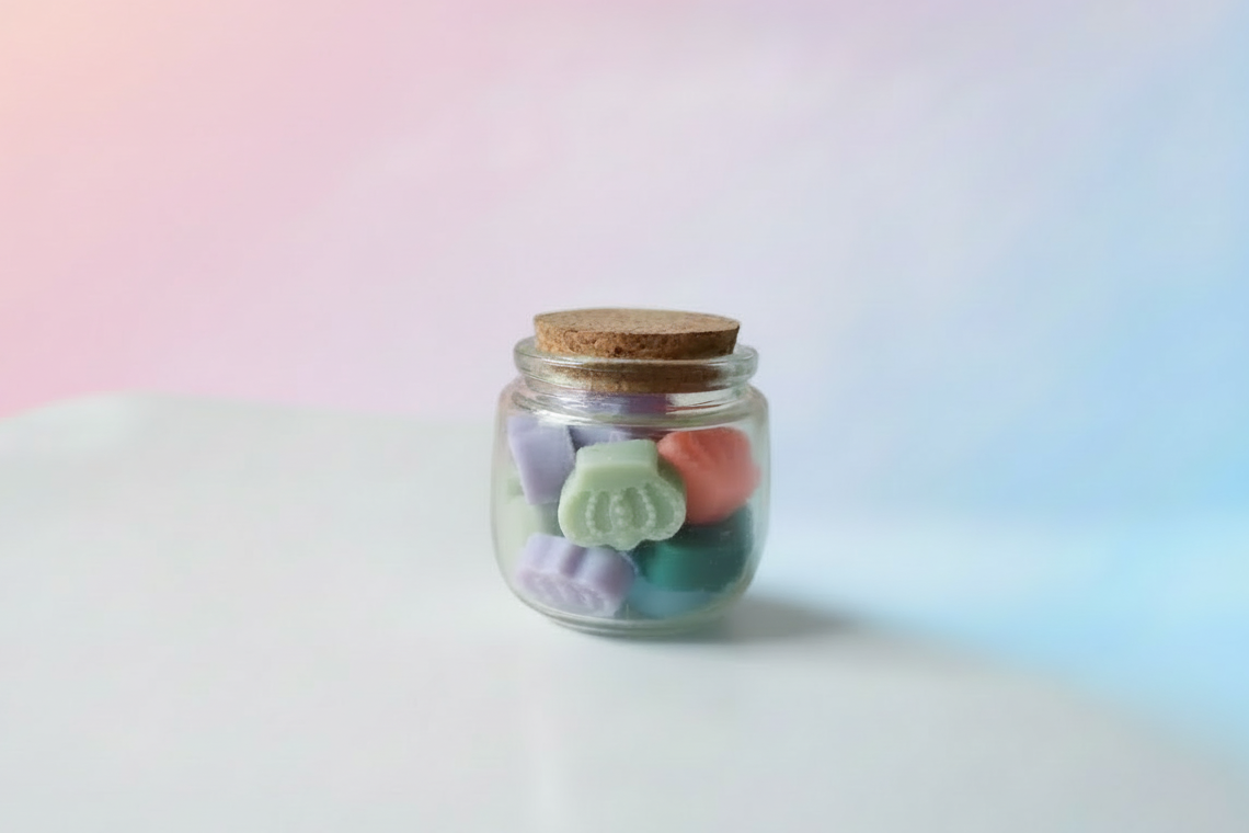 Soja waxmelts in luxe pot met kurken dop . 14 waxmelts in kroonvorm in 7 geuren