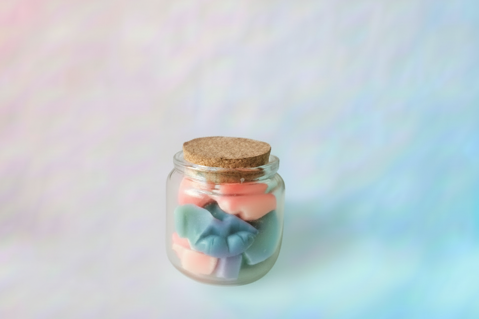 Soja waxmelts in luxe glazen pot. 16 lipvormige waxmelts in 8 geuren