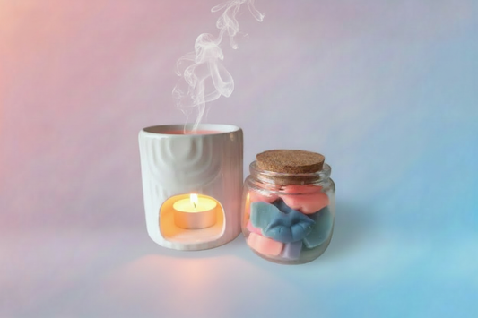 Soja waxmelts in luxe glazen pot. 16 lipvormige waxmelts in 8 geuren