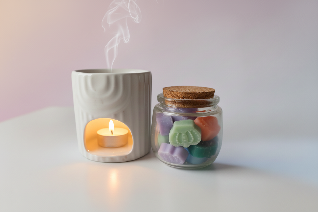 Soja waxmelts in luxe pot met kurken dop . 14 waxmelts in kroonvorm in 7 geuren